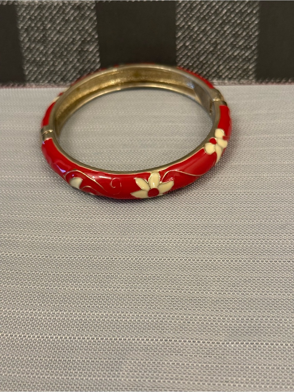 Red Floral Enamel Hinged Bracelet with Gold-Tone Interior